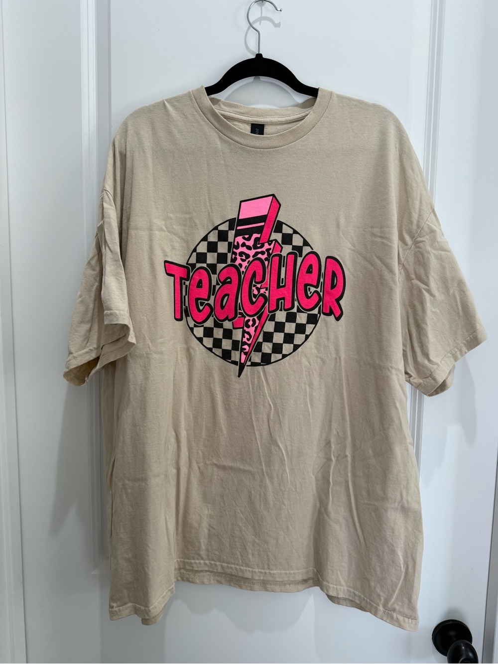 Gildan Beige Graphic Tee with Neon Pink 'Teacher' Lightning Bolt